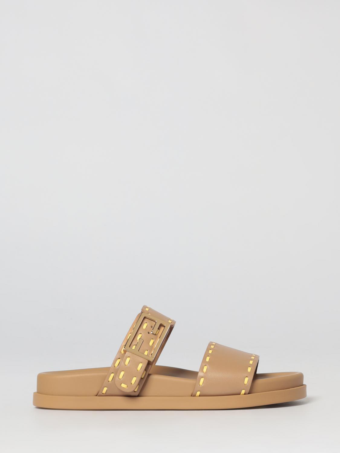 FENDI Slippers Feel in pelle con cuciture a contrasto