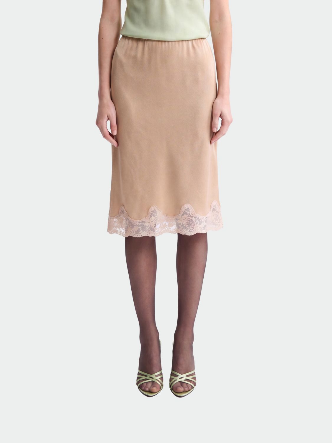 SAINT LAURENT Gonna midi in raso con inserti in pizzo
