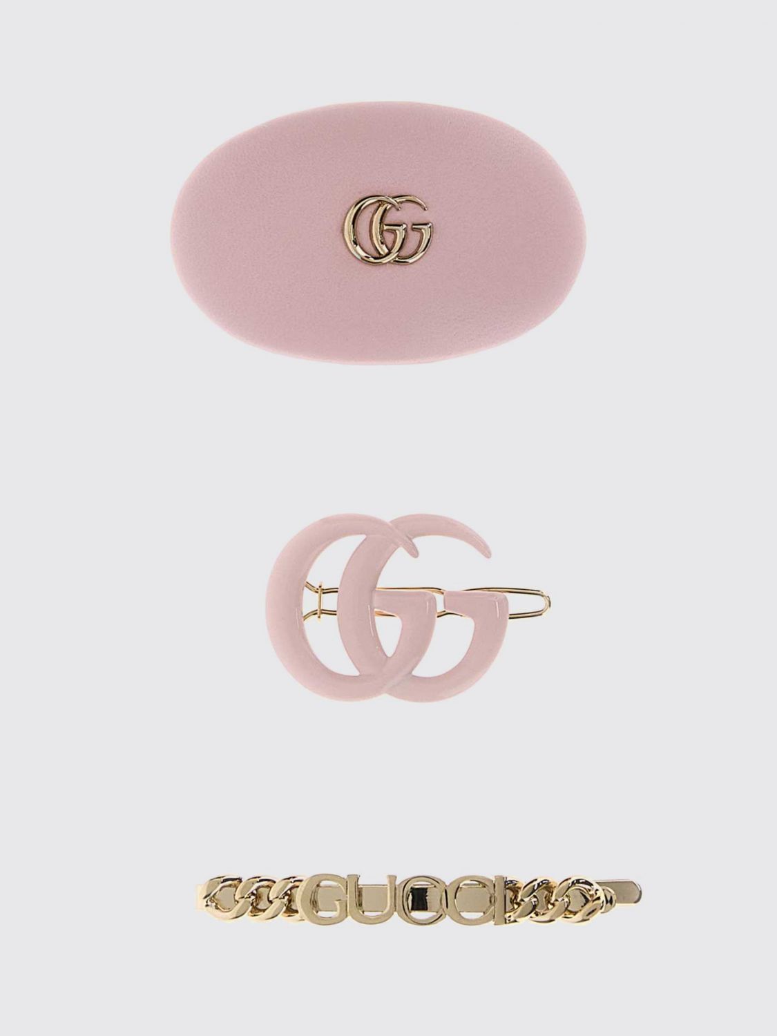 GUCCI Set 3 fermagli in metallo e pelle