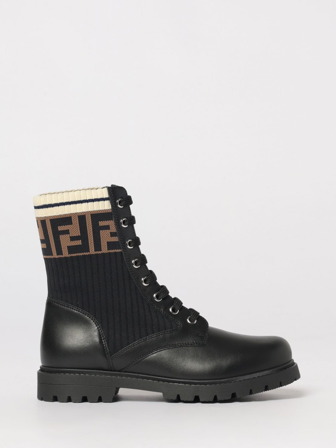 FENDI FENDI Leather and Rib-Knit Ankle Boots with FF Monogram　FENDI レザー＆リブニット アンクルブーツ FF モノグラム