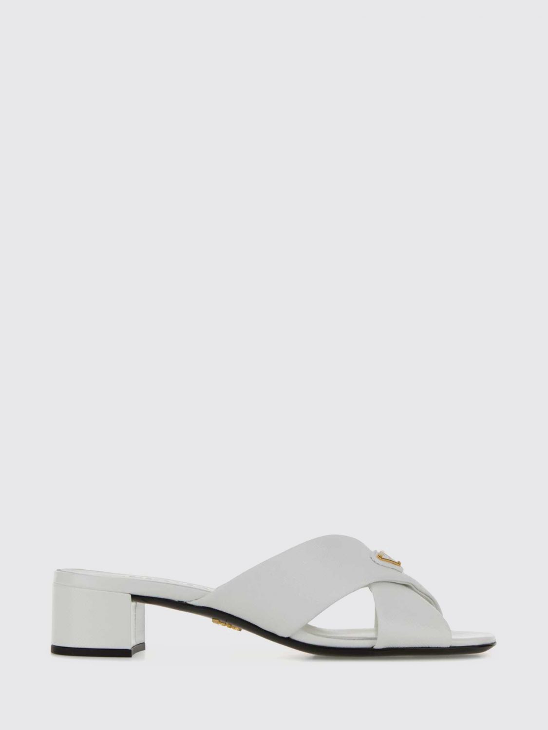 Prada Leather Mules Block Heel Cross Strap Open Toe In White