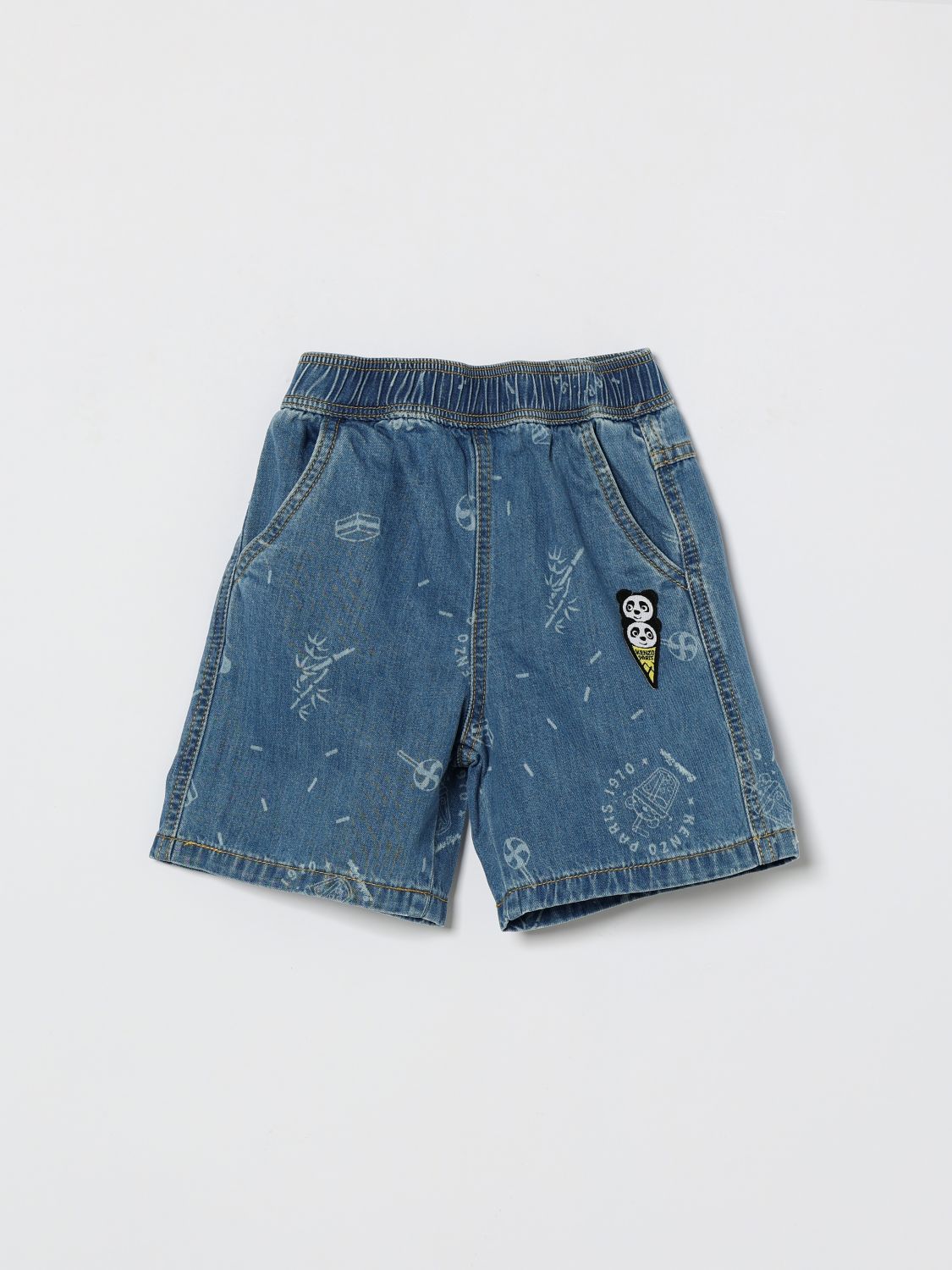 Kenzo Kids Printed Denim Shorts In Blue