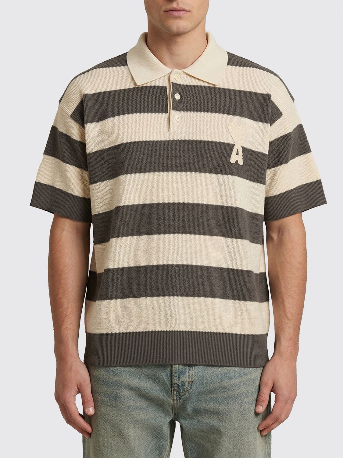 AMI PARIS Striped Cotton Polo Shirt with Logo　AMI PARIS ロゴ入りストライプコットンポロシャツ AMI