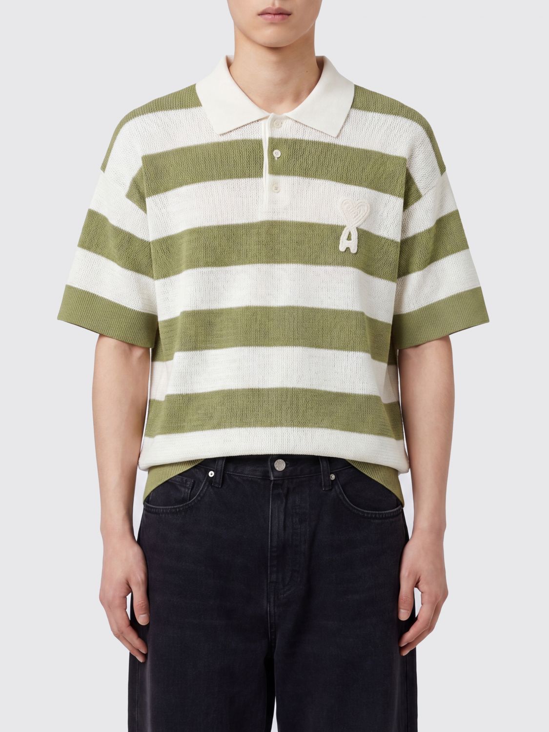AMI PARIS Polo in cotone a righe con logo