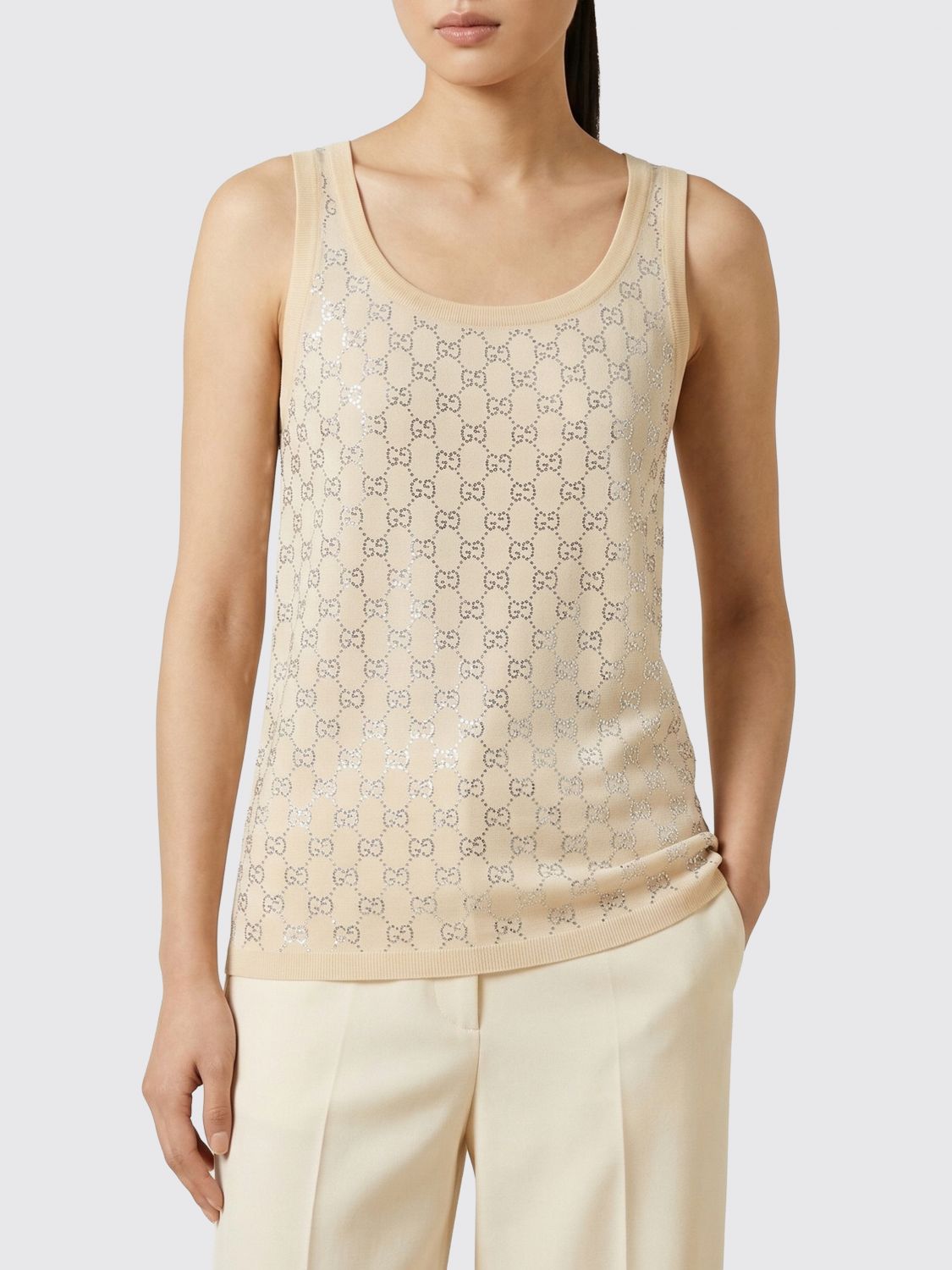 GUCCI Top di seta GG di strass