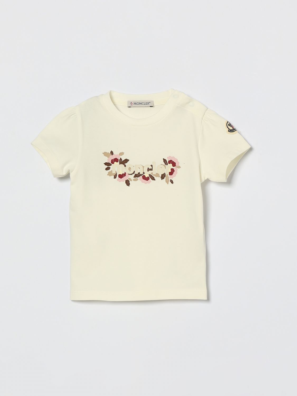 Moncler Babies'  Cotton T-shirt With Logo And Floral Print In Gold