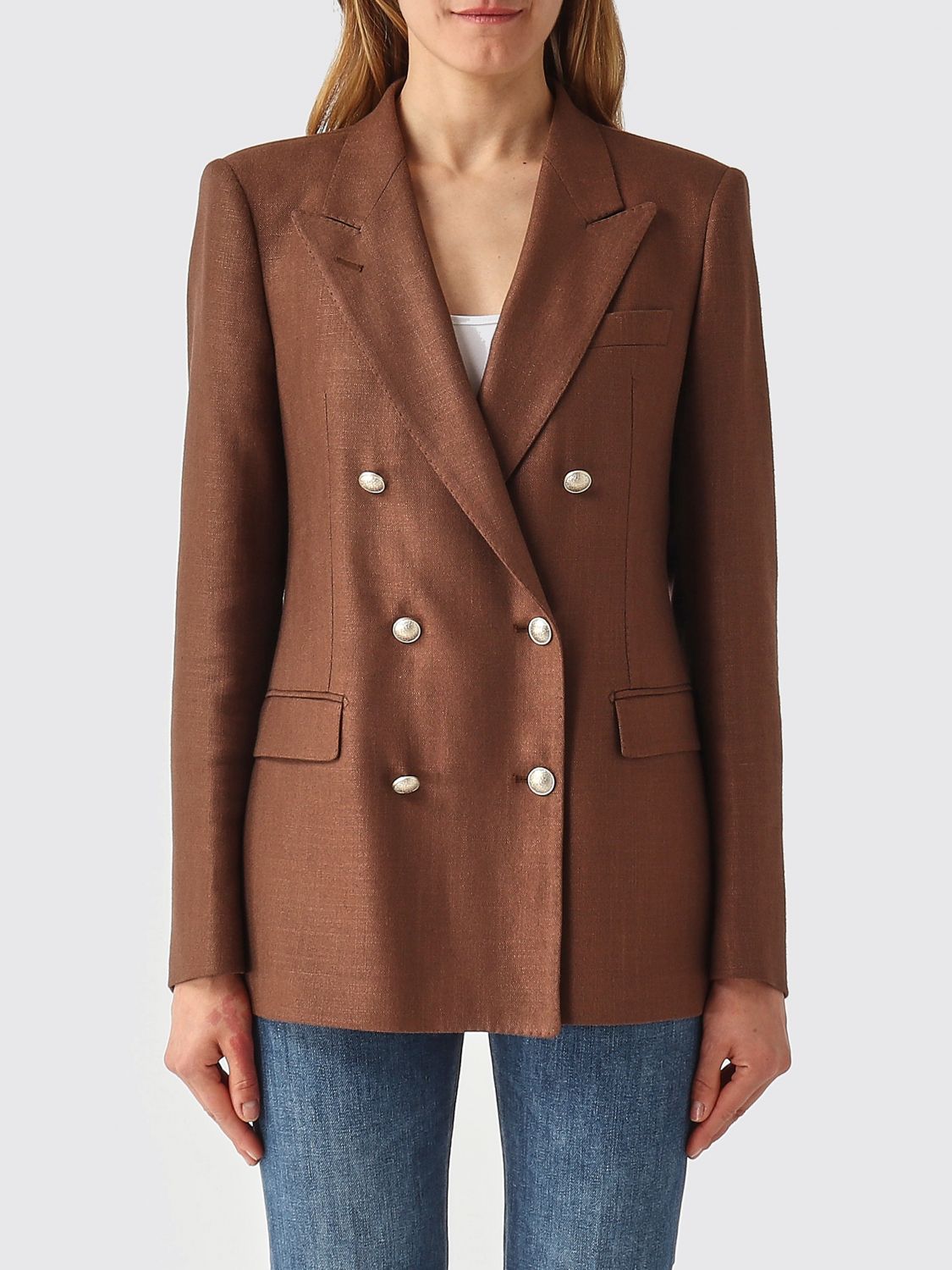 TAGLIATORE Double Breasted Linen Blend Blazer TAGLIATORE