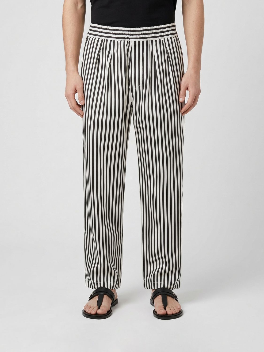 Tom Ford Striped Silk Wide Leg Trousers In 블랙