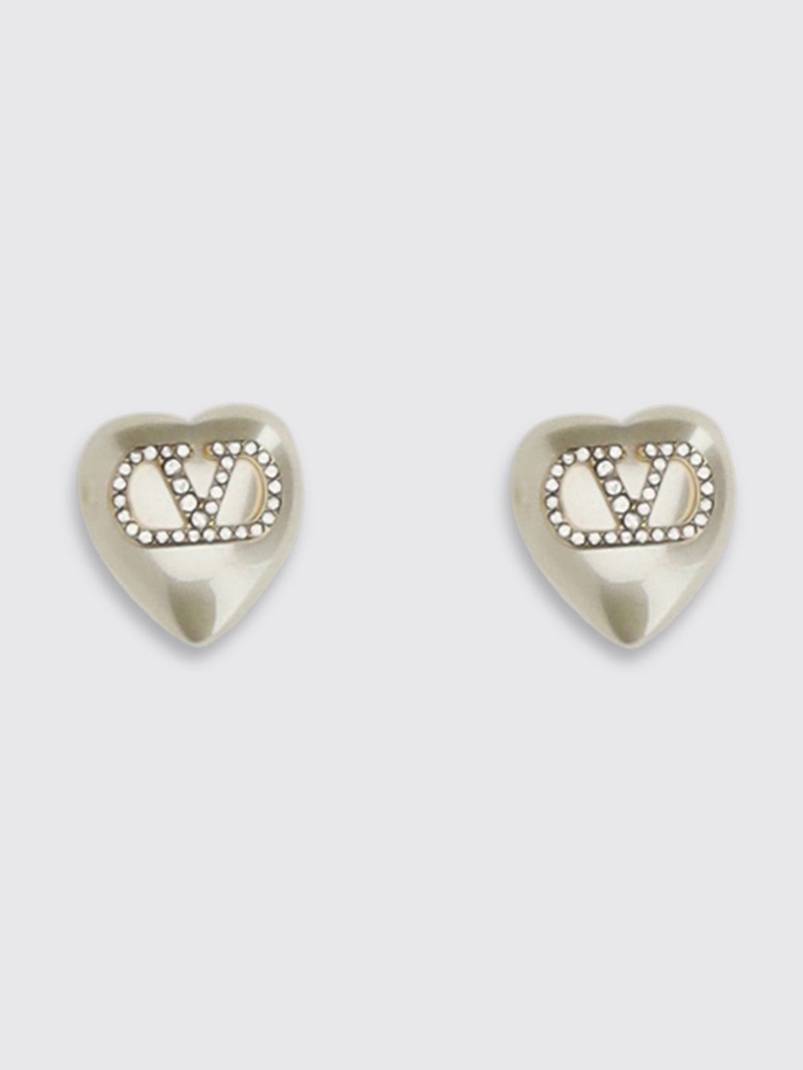 VALENTINO GARAVANI VLogo Brass Earrings with Rhinestones and Synthetic Heart Pearls　VALENTINO GARAVANI Vロゴ ブラス イヤリング ラインストーンと合成ハート パール付き VALENTINO