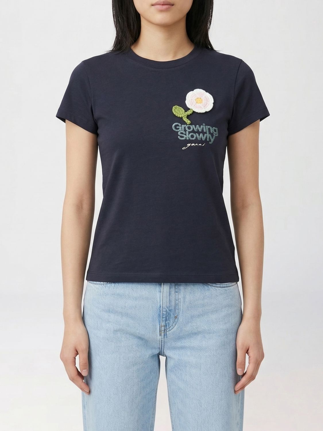 GANNI Cotton T-Shirts with Crocheted Flower　GANNI かぎ針編みフラワー付きコットン T シャツ GANNI
