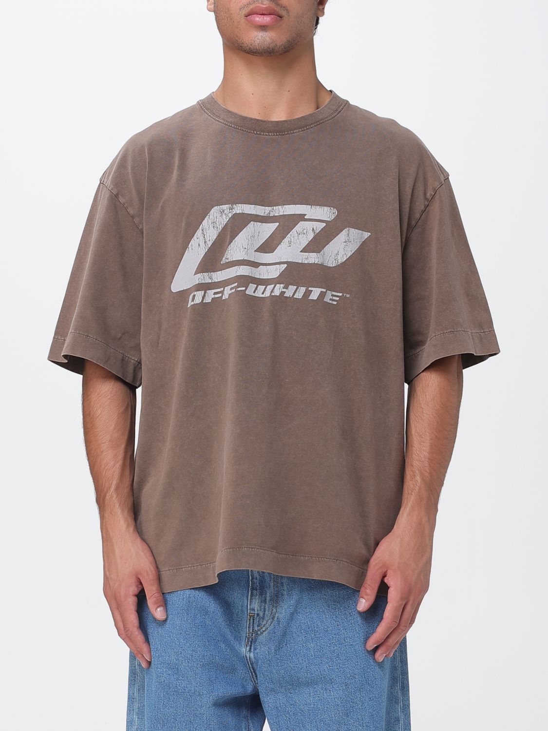 Off-white Logo Printed Crewneck T-shirt In Brown