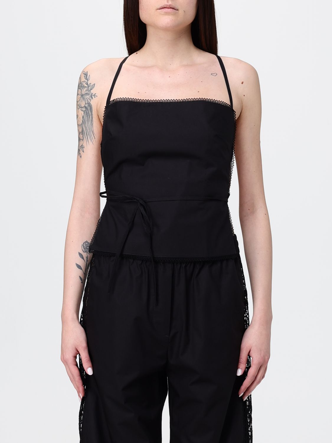 MSGM Cotton Evening Top with Criss-Cross Thin Straps and Straight Neckline　MSGM コットン イブニング トップ、十字の細いストラップとストレート ネックライン MSGM