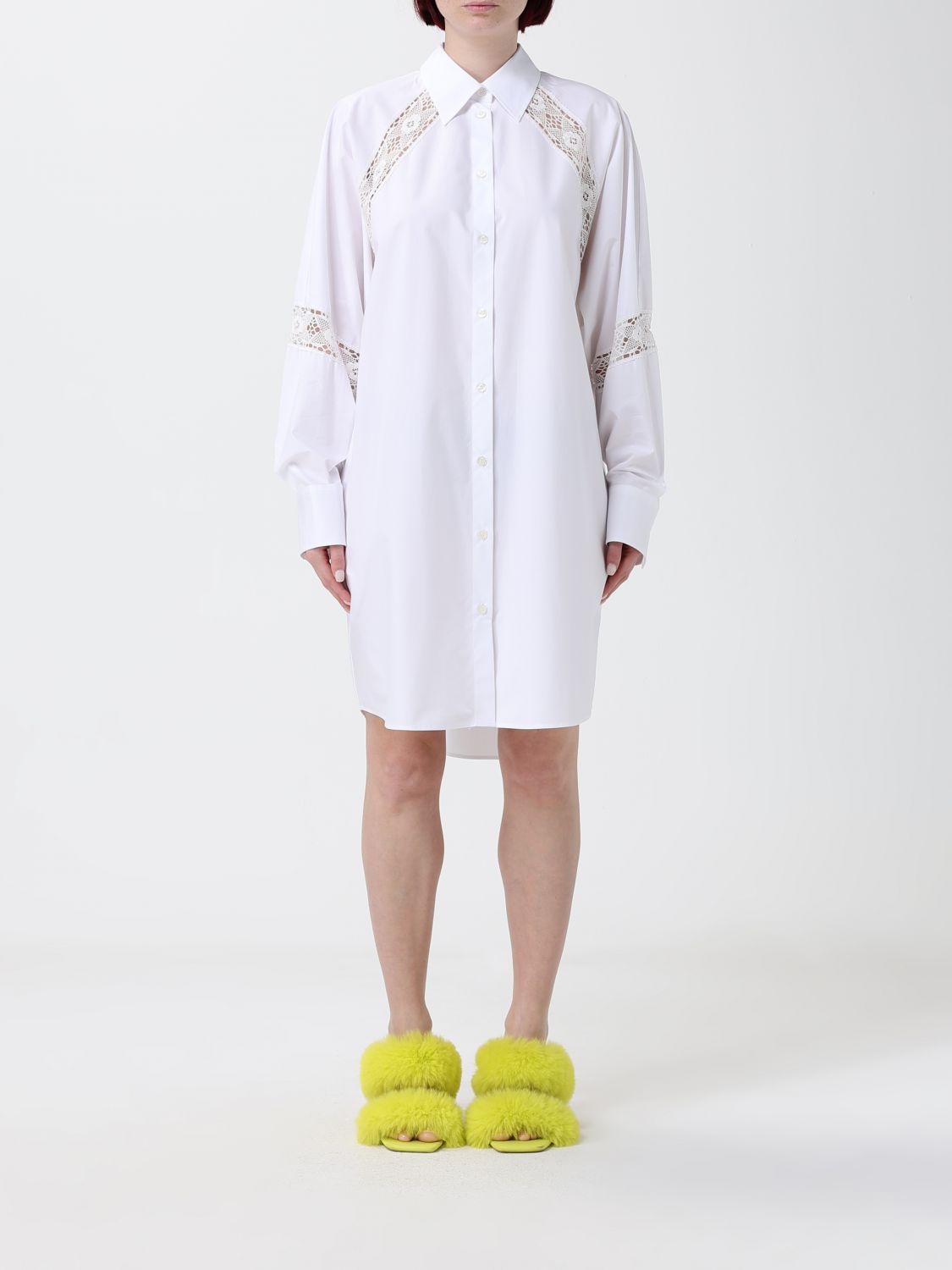 MSGM Cotton Mini Shirt Dress with Lace Inserts and Asymmetrical Hem　MSGM レースインサートと非対称ヘム付きコットン ミニ シャツ ドレス MSGM