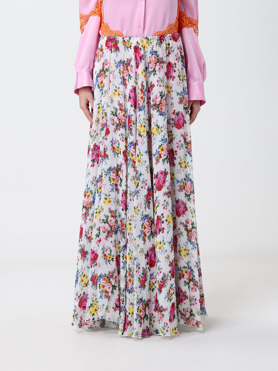 MSGM Floral Print Pleated Maxi Skirt in Viscose with Elastic Waist