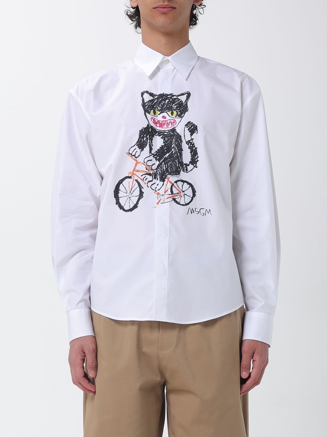 MSGM Graphic Print Long-Sleeve Cotton Shirt with Concealed Placket　MSGM グラフィック プリント 隠し前立て付き長袖コットン シャツ MSGM