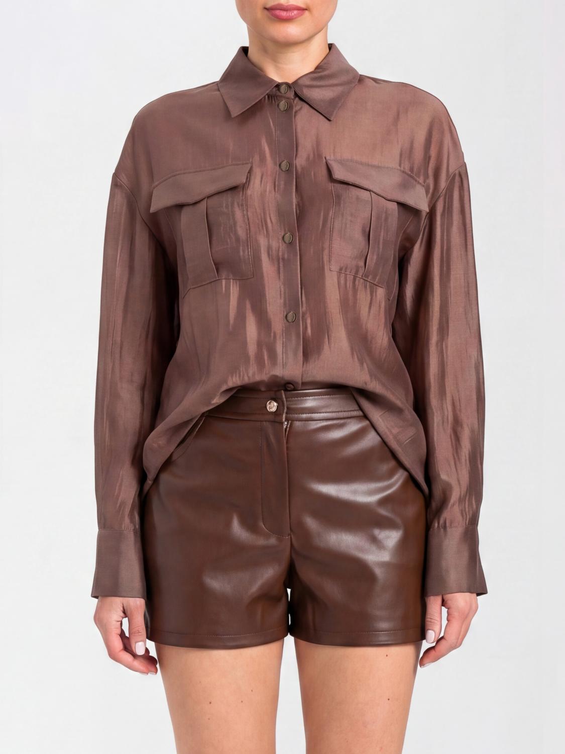 Actitude Twinset Relaxed Fit Muslin Shirt With Dropped Shoulders And Flap Pockets In Brown