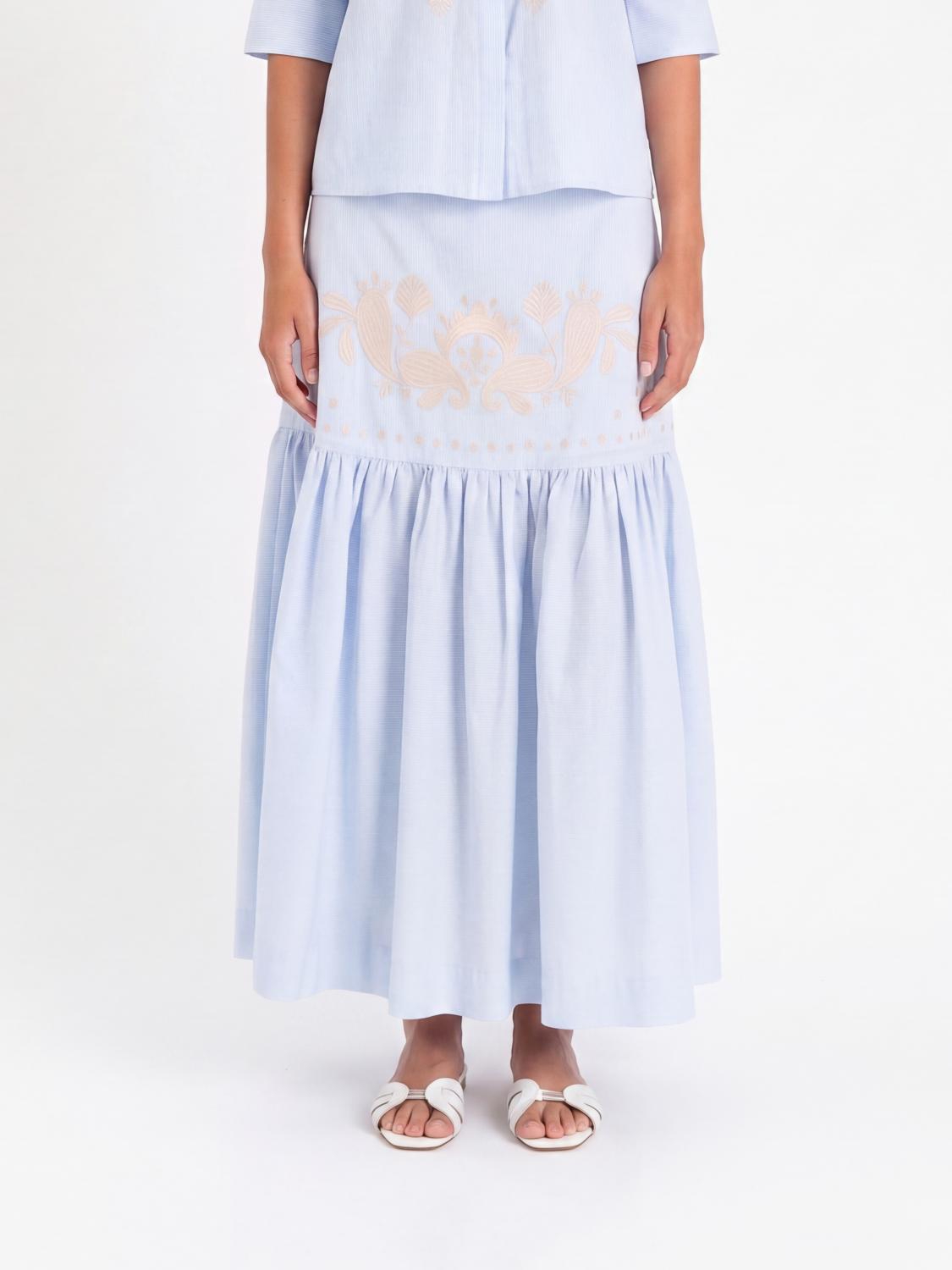 Actitude Twinset Long Pleated Cotton Skirt with High Waist and Embroidery