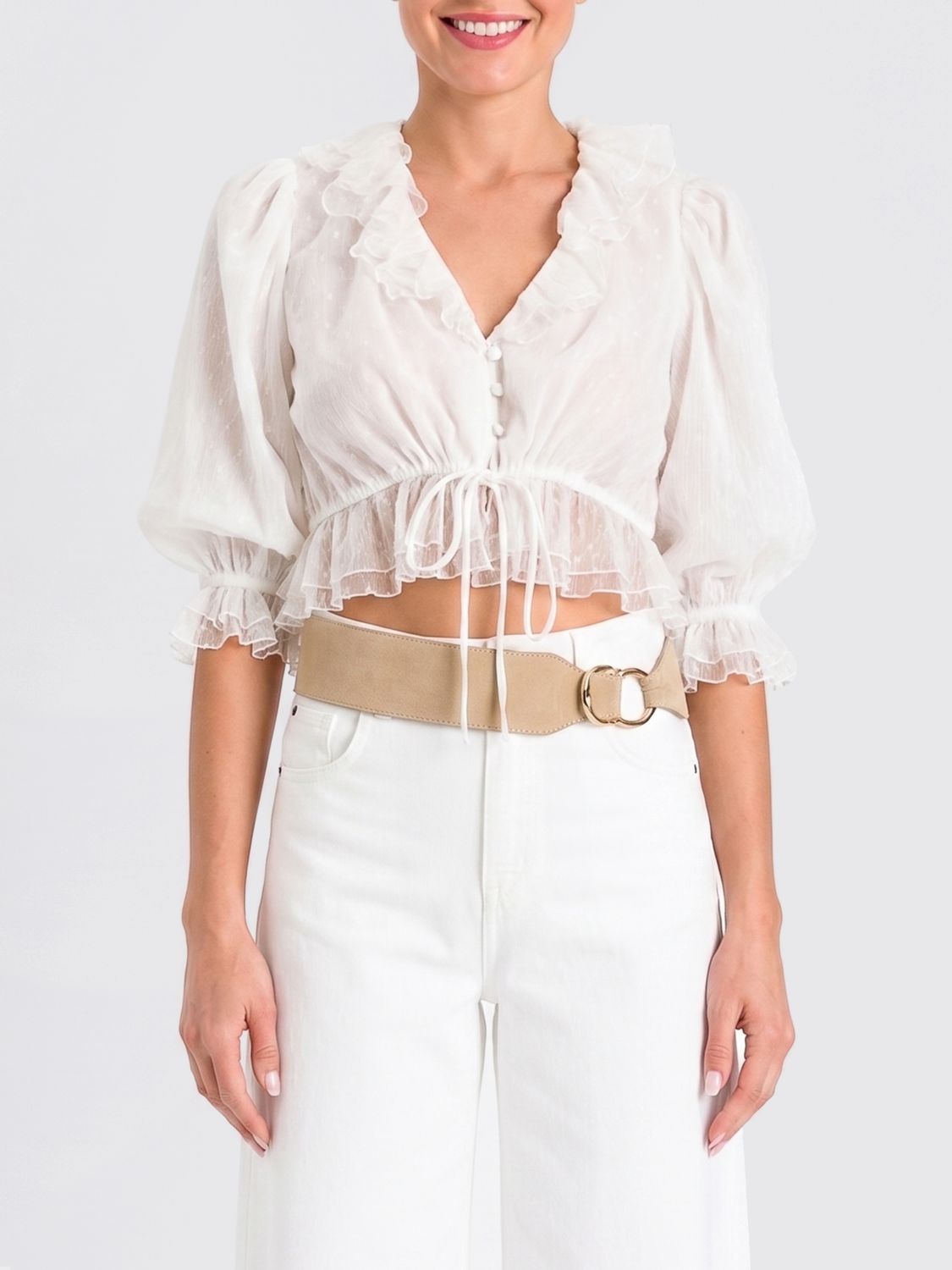 Twinset Cropped Tulle Blouse with Ruffles and Puff Sleeves