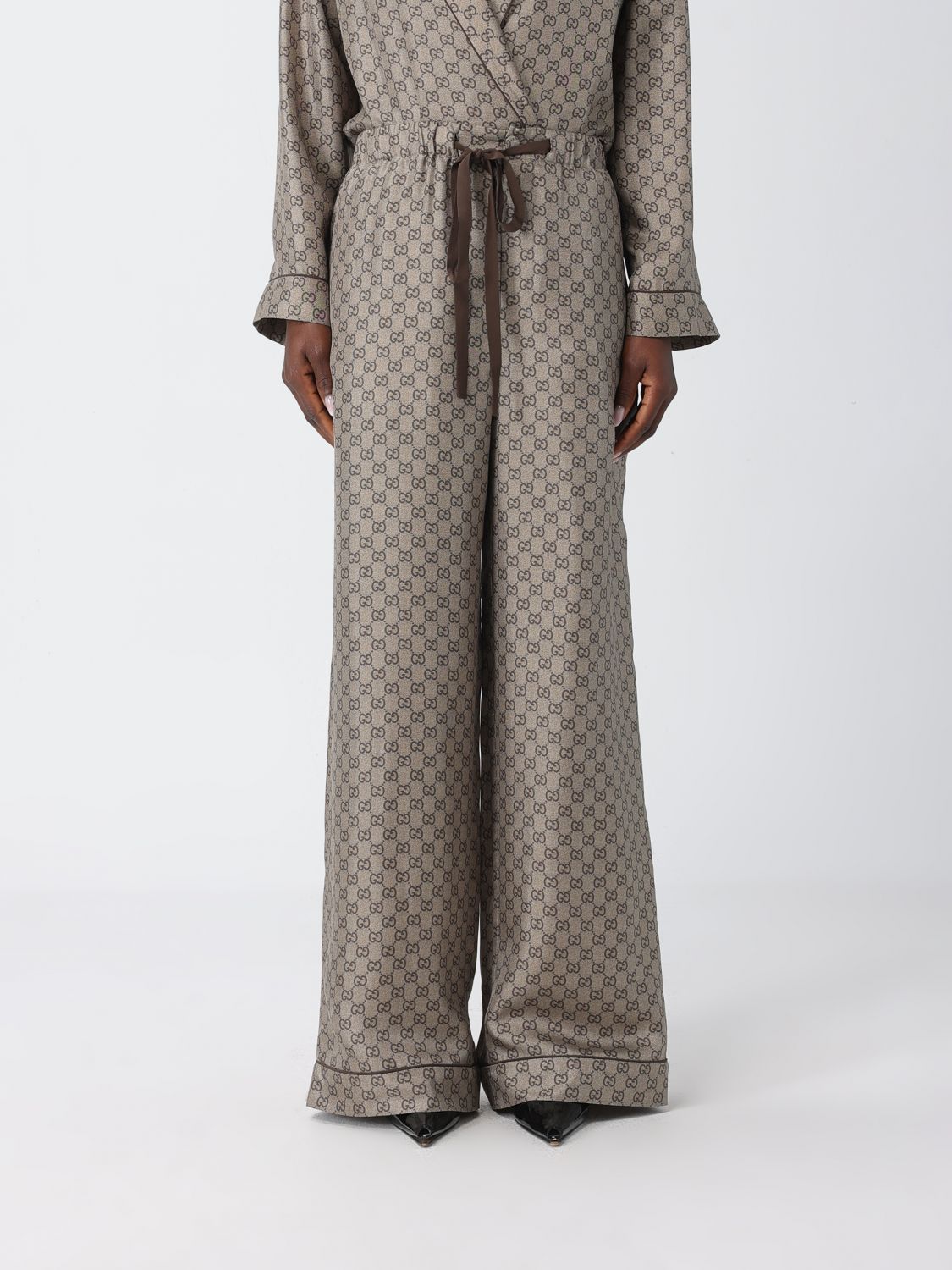 GUCCI Pantaloni palazzo in seta con motivo GG