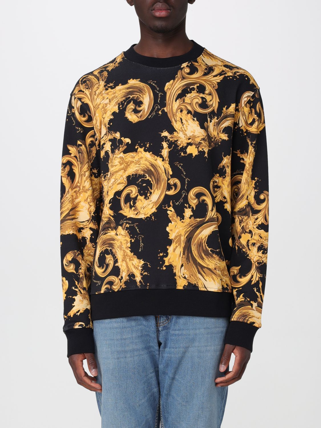 VERSACE JEANS COUTURE Felpa a girocollo in cotone con stampa barocca