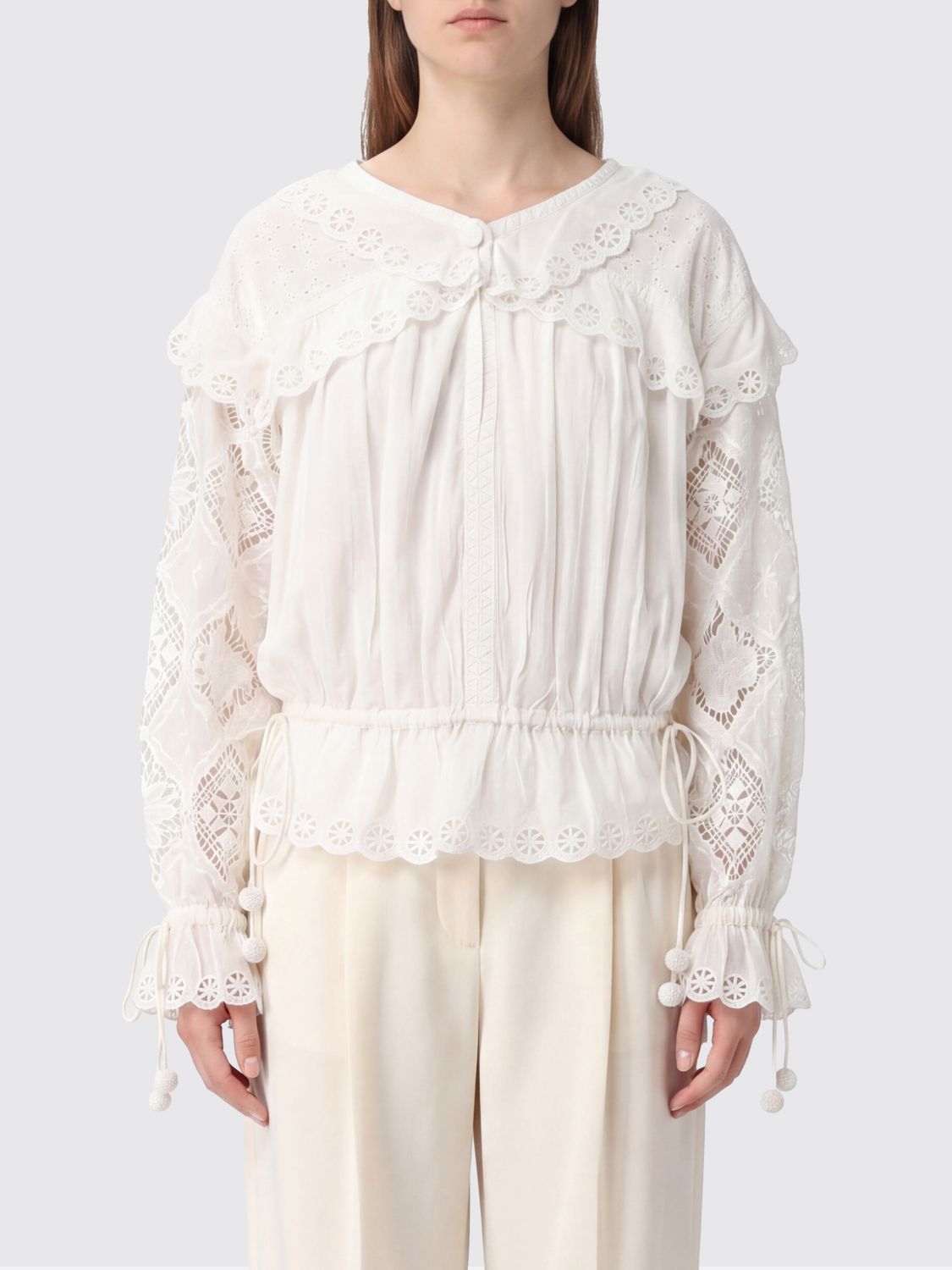 ISABEL MARANT Nowana V-Neck Viscose Blouse with Embroidered Lace Inserts