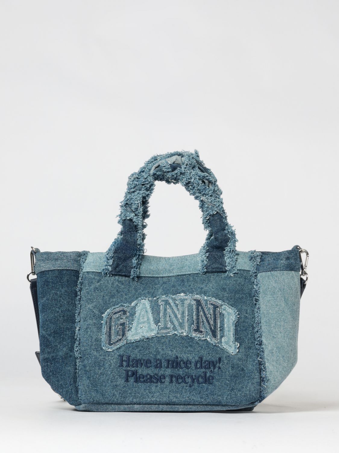 GANNI Recycled Cotton Denim Handbag with Frayed Top Handles　GANNI リサイクル コットン デニム ハンドバッグ ほつれたトップハンドル付き GANNI