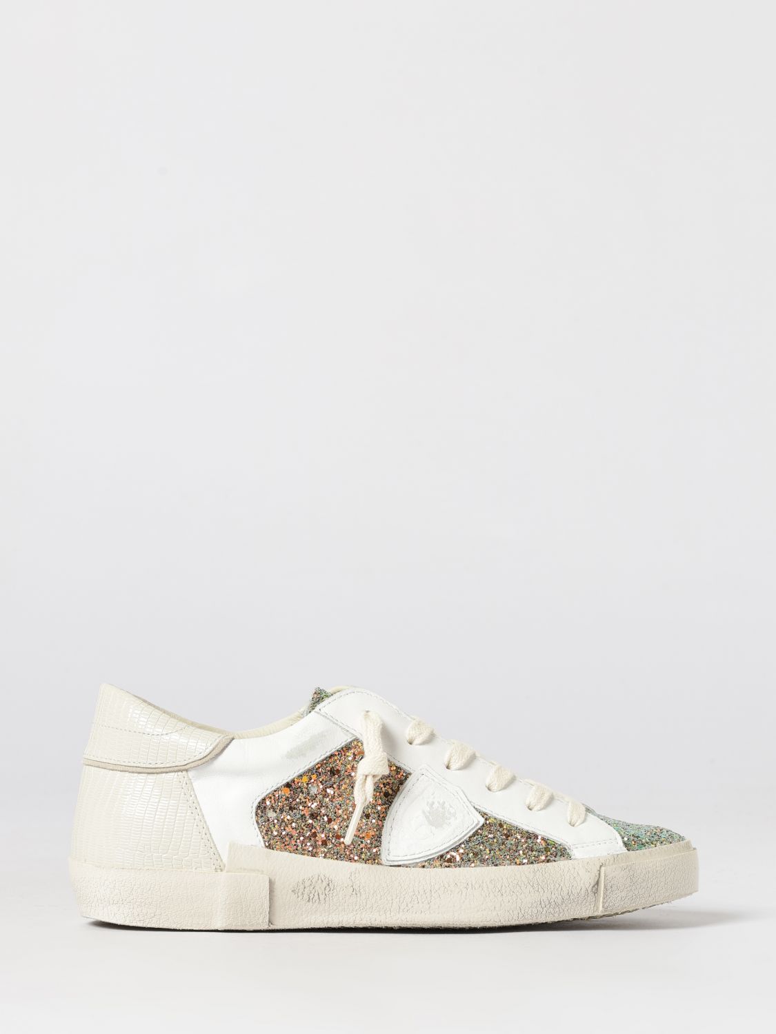 Philippe Model Low-Top Sneakers in Calf Leather and Fabric with Glitter Inserts