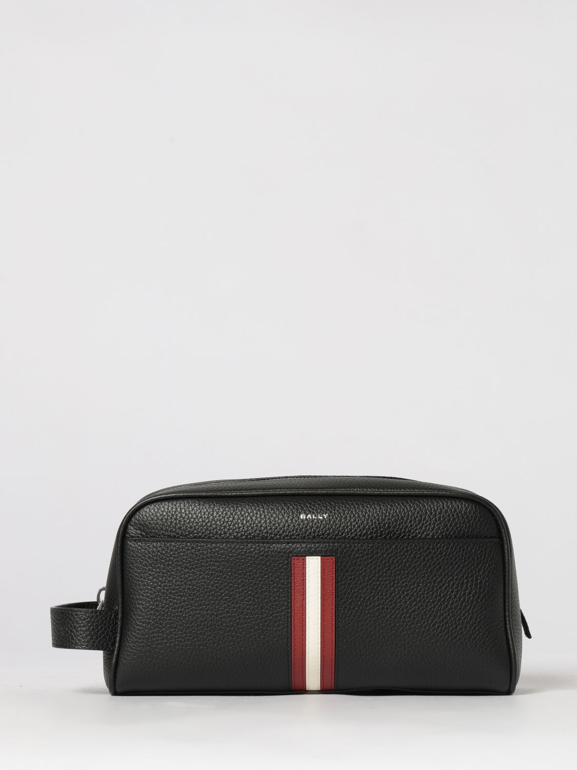 BALLY Grained Calf Leather Wash Bag with Bicolour Stripe and Side Handle　BALLY グレインカーフレザー ウォッシュバッグ バイカラーストライプとサイドハンドル付き BALLY