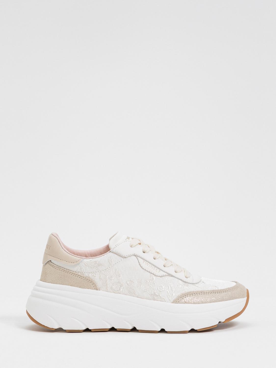 Twinset Embroidered Leather and Twill Low-Top Sneakers with Suede Details