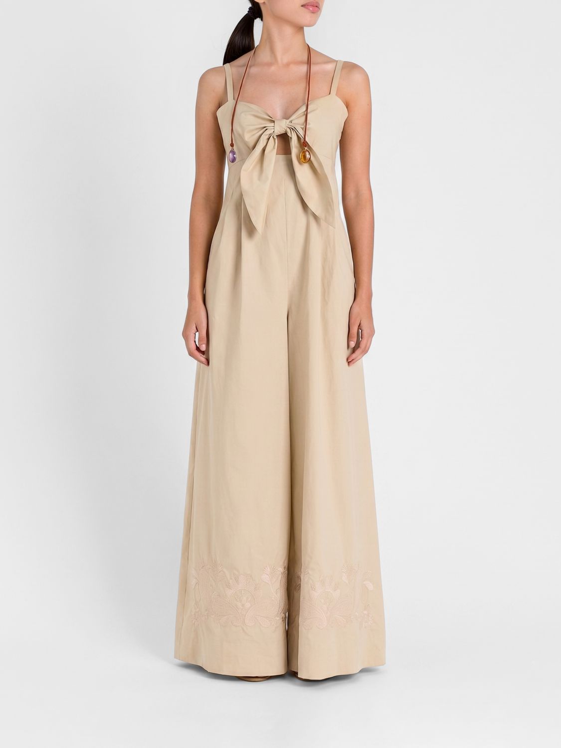 Actitude Twinset Cotton Jumpsuit With Embroidery And Bow In Neutral