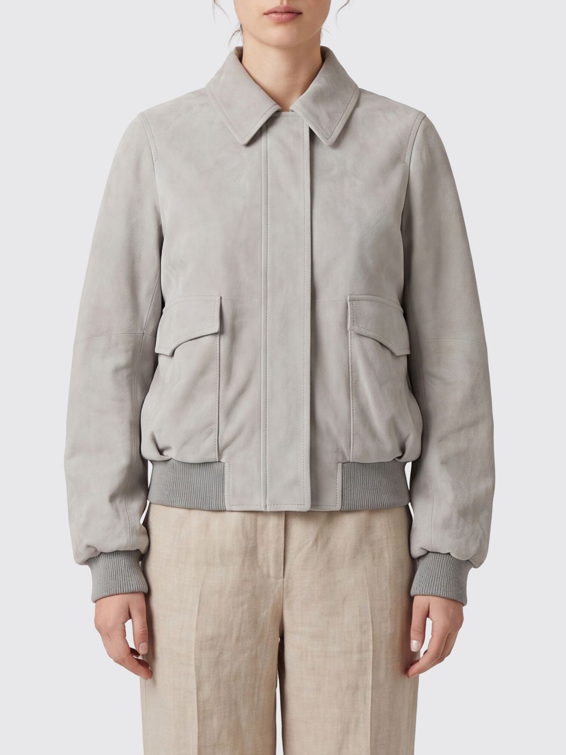 Loewe Suede Jacket Collared Design Flap Pockets In Gray