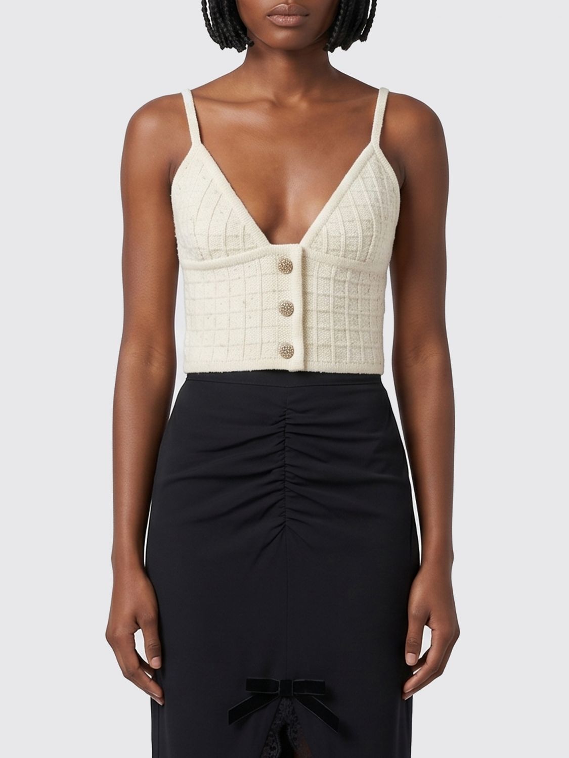 Alessandra Rich Slim Fit Wool Blend Knit Top with V-Neck and Thin Straps