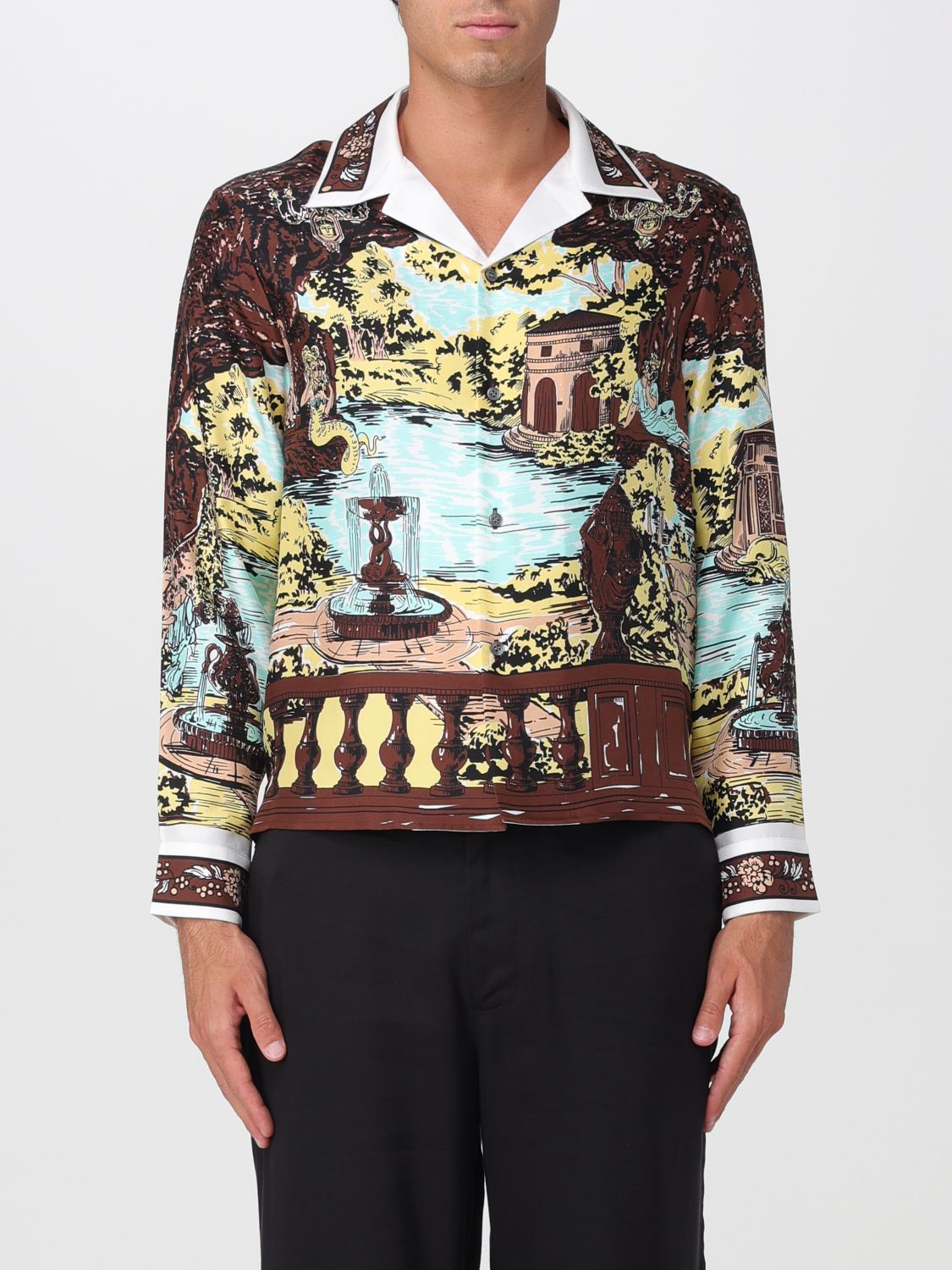 VERSACE Camicia a maniche lunghe in seta con stampa grafica e collo cubano