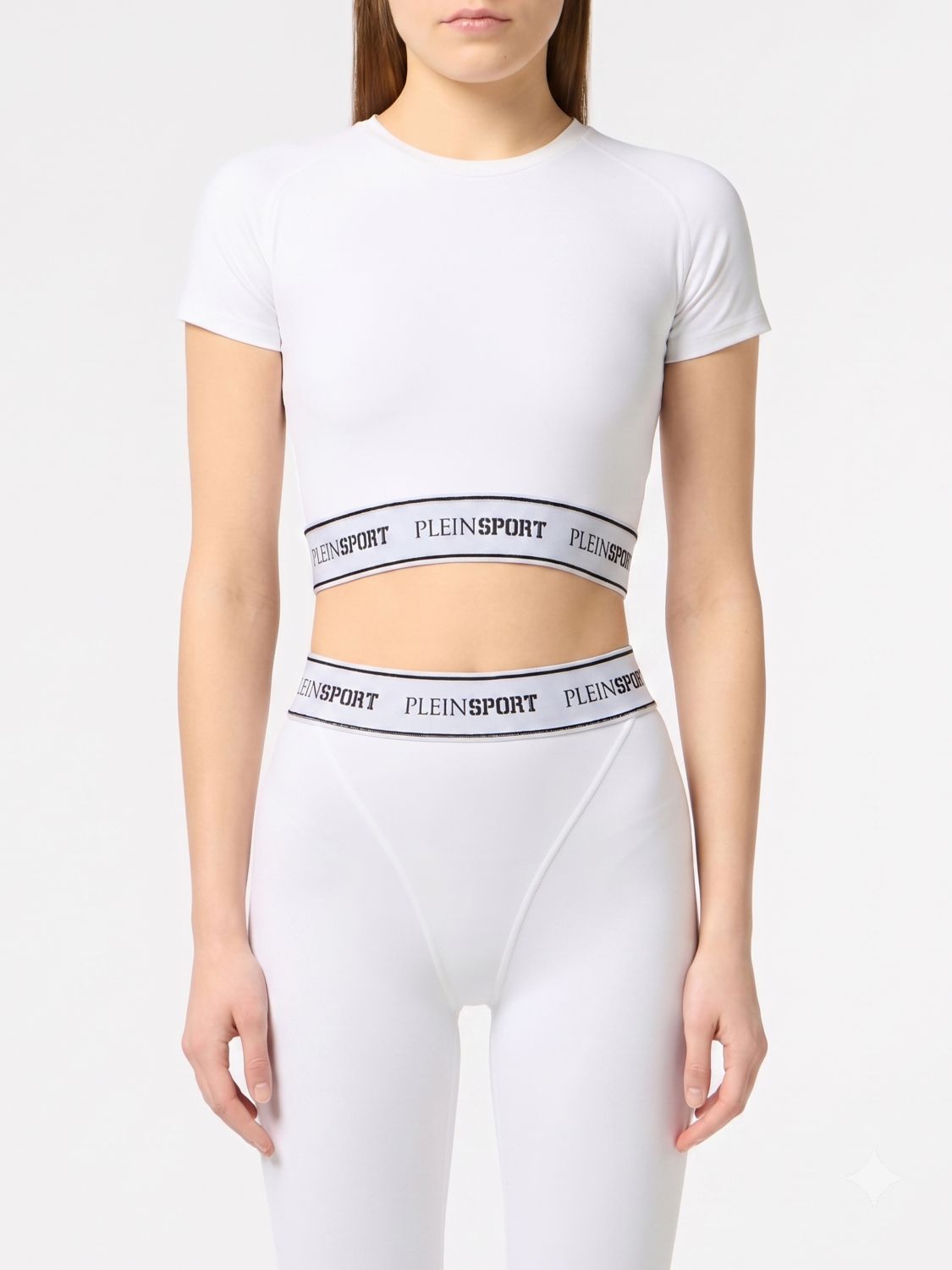 Plein Sport T-shirt cropped in poliammide con logo jacquard