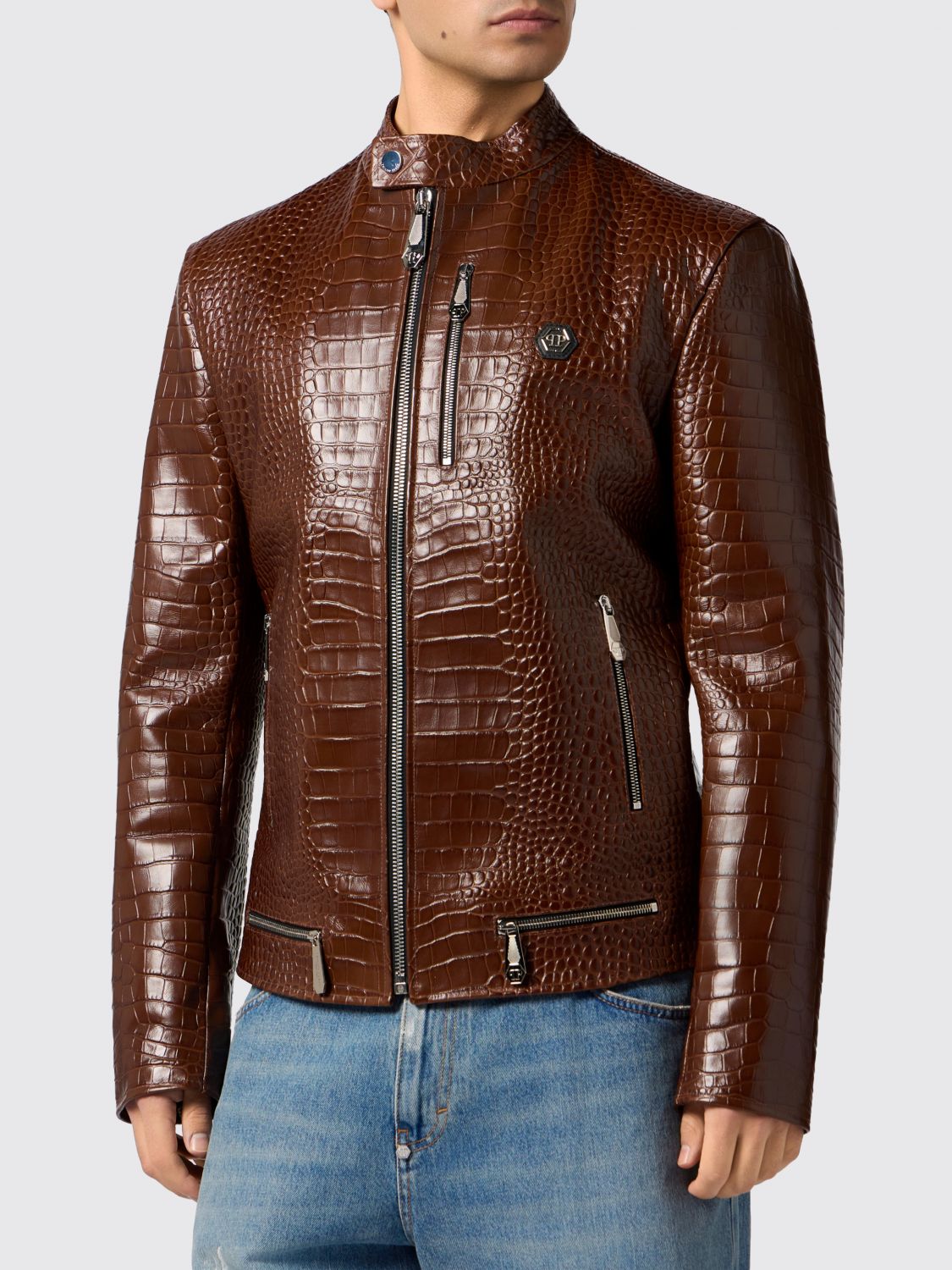 PHILIPP PLEIN Crocodile Print Leather Biker Jacket