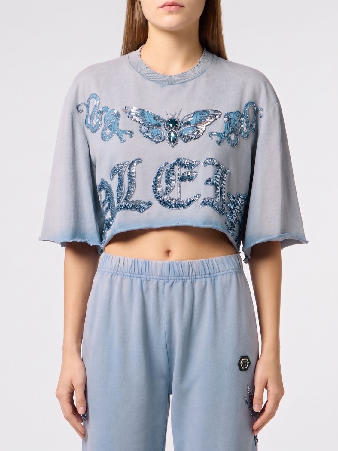 PHILIPP PLEIN T-shirt cropped Butterfly Tattoo in cotone con strass e paillettes ricamate