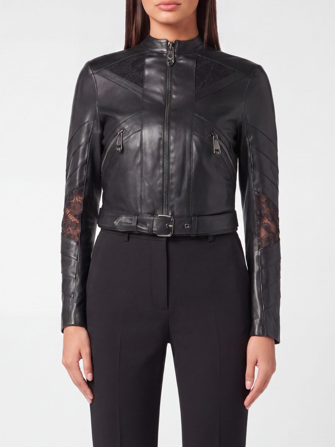PHILIPP PLEIN Nappa Leather and Lace Crop Biker Jacket