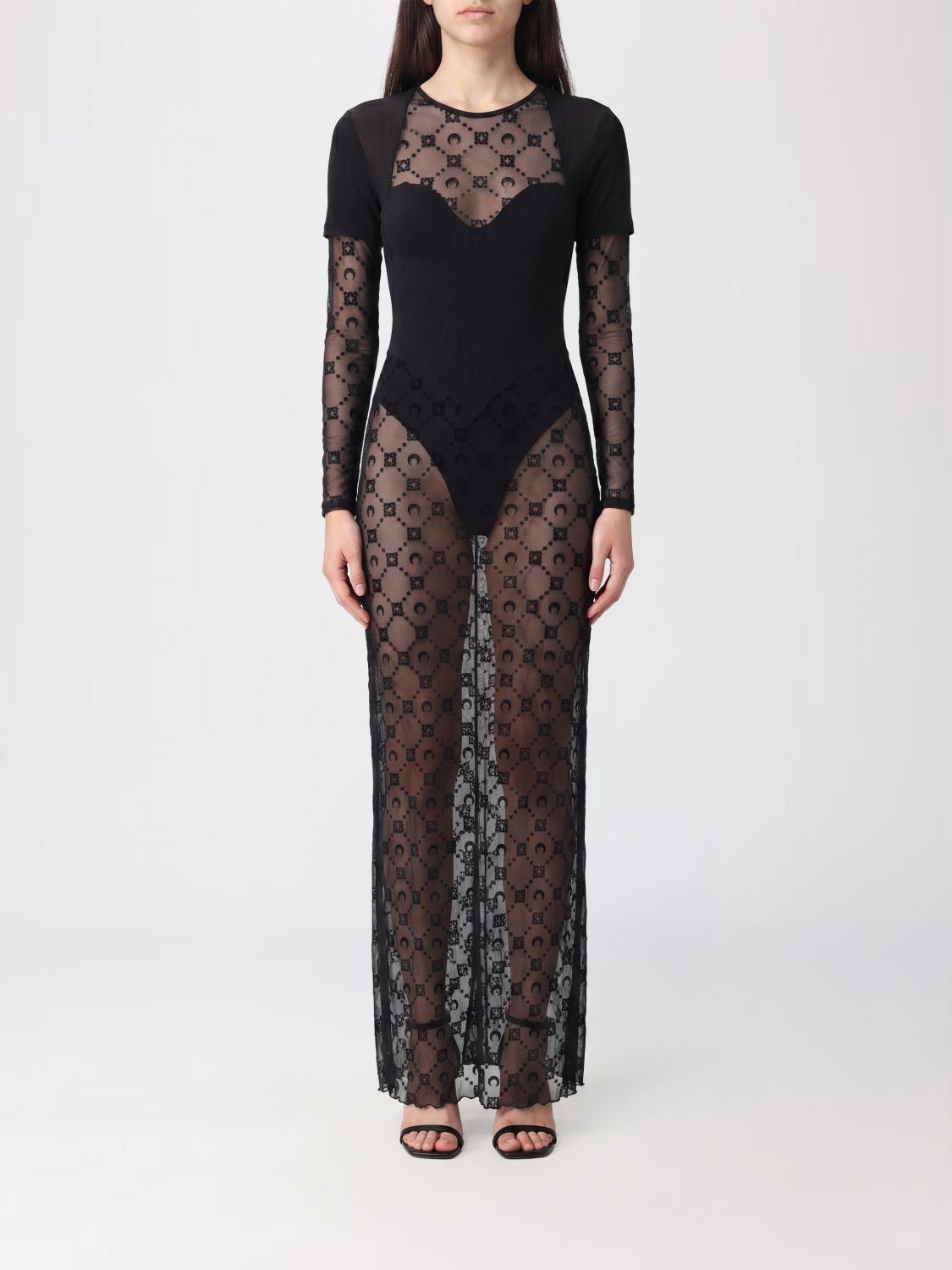 MARINE SERRE Abito lungo in tulle con logo all-over