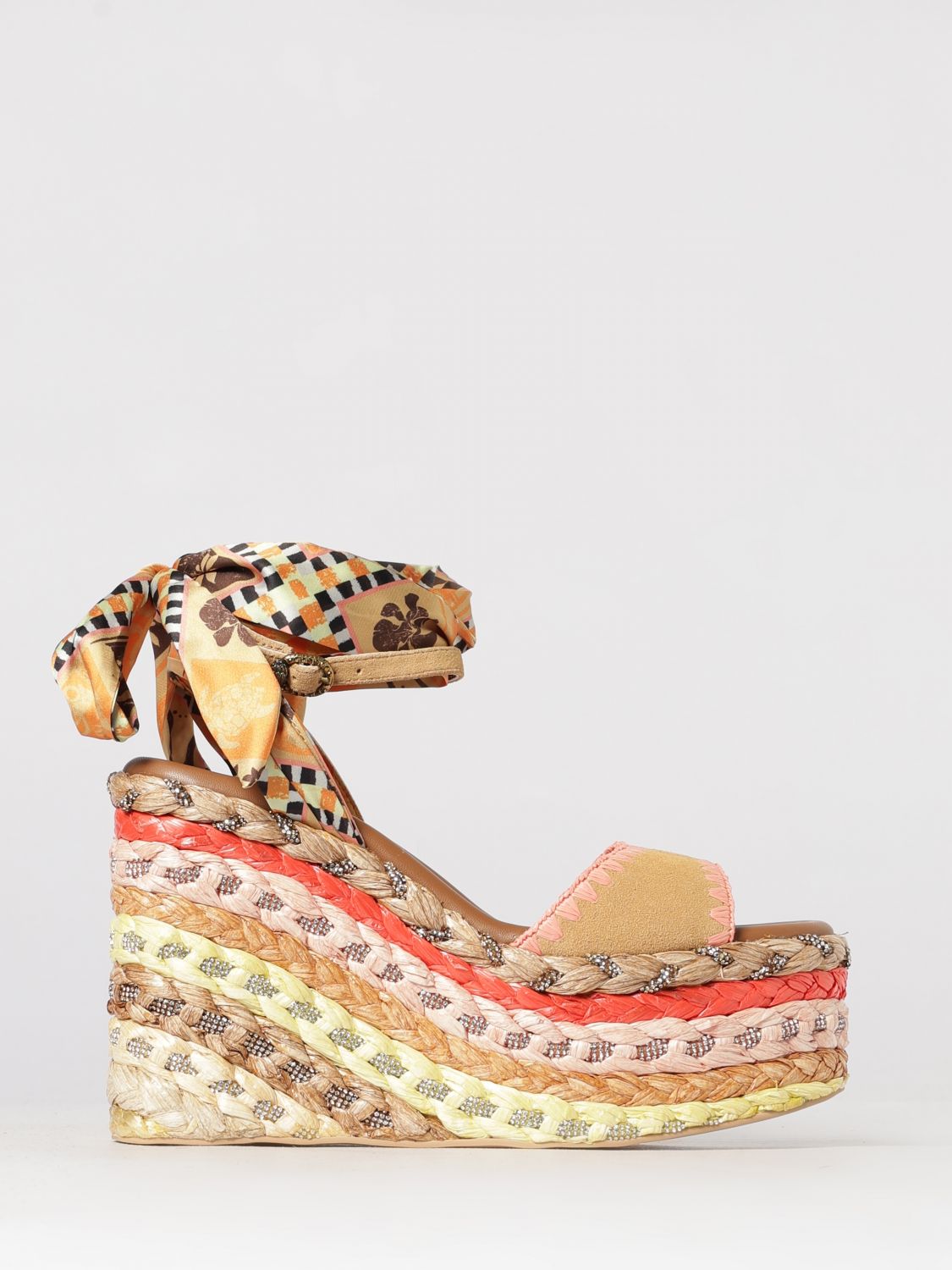 KURT GEIGER LONDON Chelsea Keilsandale aus Wildleder und bedrucktem Satin