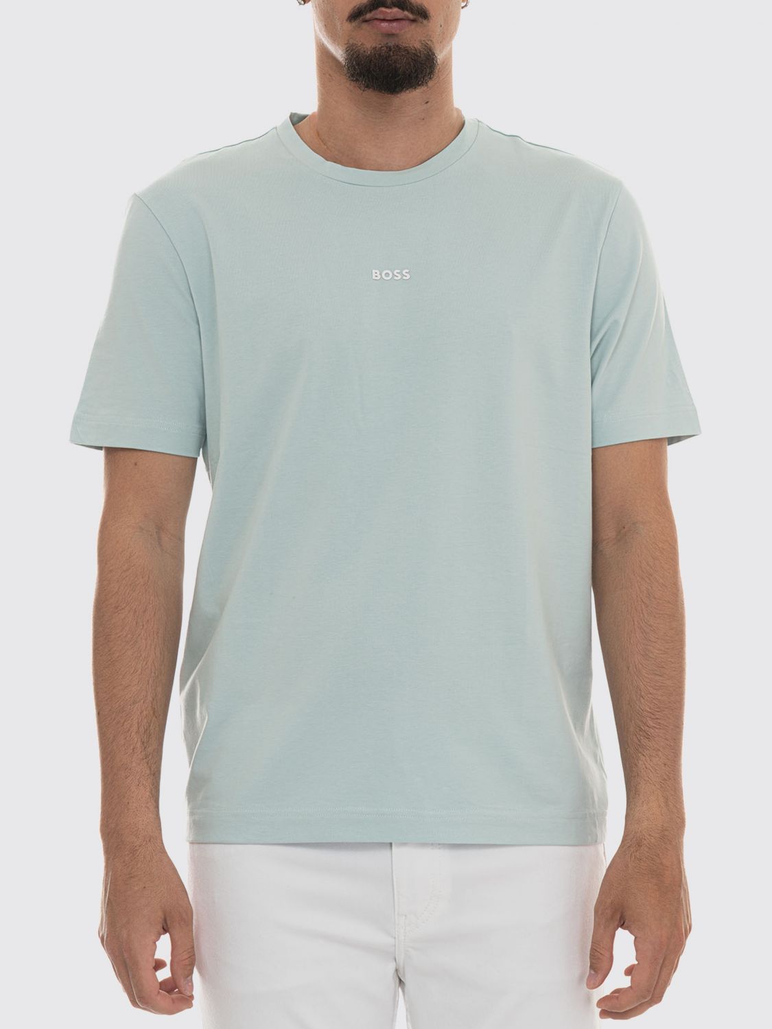 BOSS T-shirt girocollo in cotone stretch con logo a contrasto sul petto