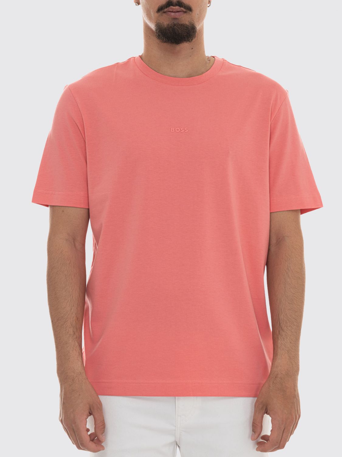 BOSS T-shirt girocollo in cotone stretch con logo a contrasto sul petto