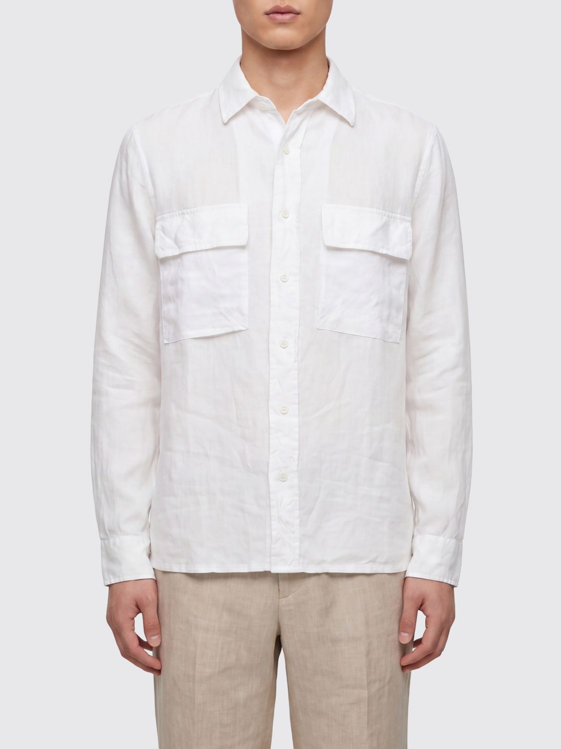 ASPESI Long-Sleeved Pure Linen Shirt with Flap Patch Pockets