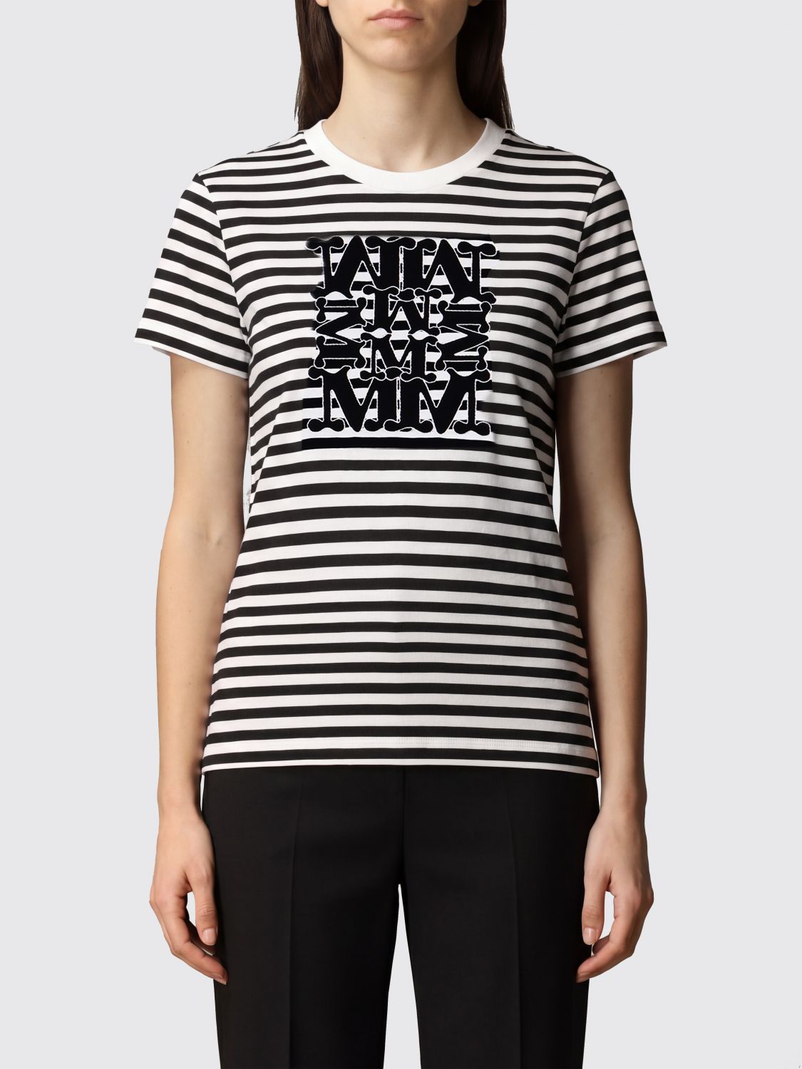 MAX MARA Striped Slim Fit Cotton T-Shirt with Monogram　MAX MARA モノグラム ストライプ スリムフィット コットン T シャツ MAX