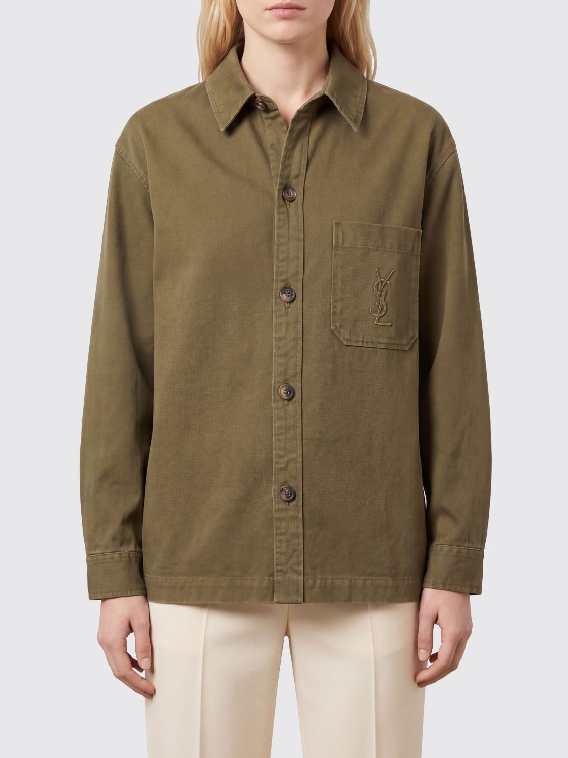 SAINT LAURENT Camicia in misto lino e cotone con tasche a toppa e logo YSL