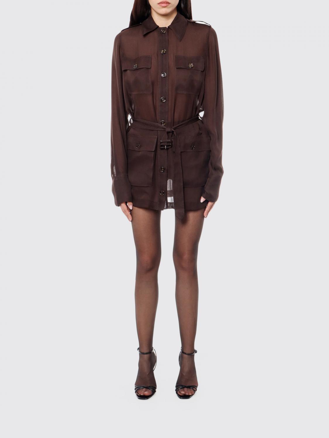 SAINT LAURENT Mini abito chemisier in seta biologica con cintura in vita