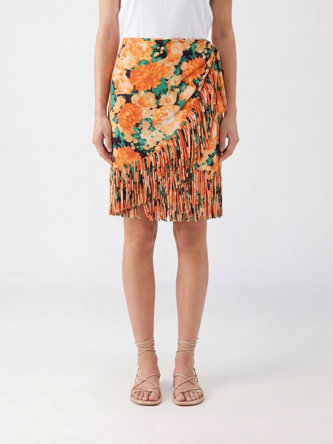PINKO Floral Embroidered Viscose Wrap Mini Skirt with Fringes