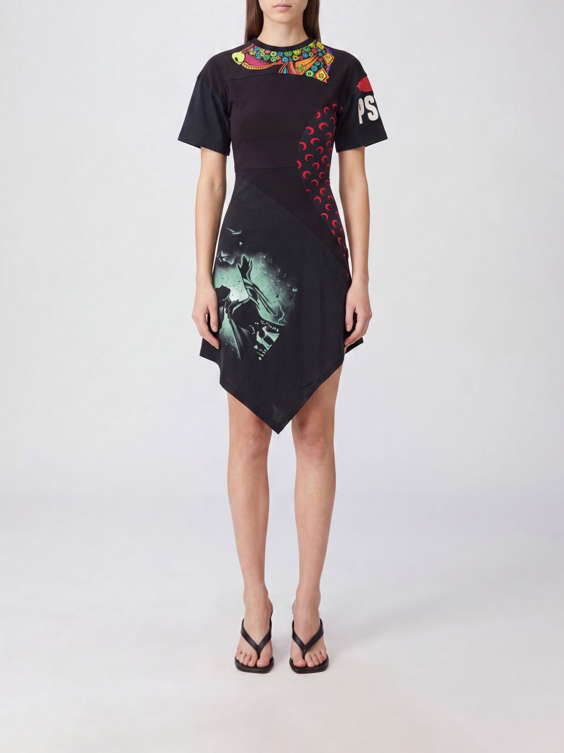 MARINE SERRE Asymmetric Crescent Moon Print Cotton Midi Dress