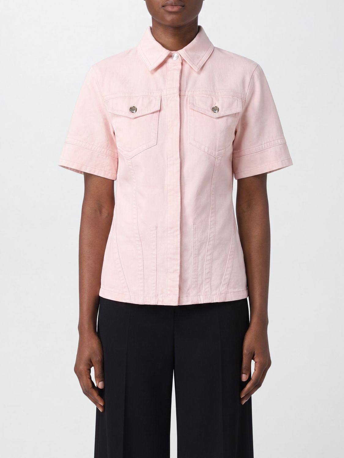 SPORTMAX Camicia a maniche corte in denim di cotone con tasche a toppa