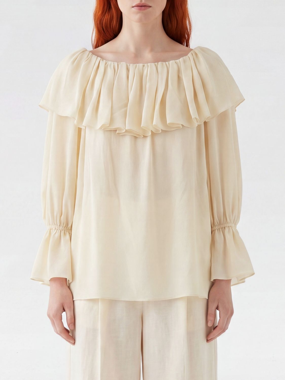 CHLOÉ Blusa in pura seta con maniche a palloncino e scollo a barca