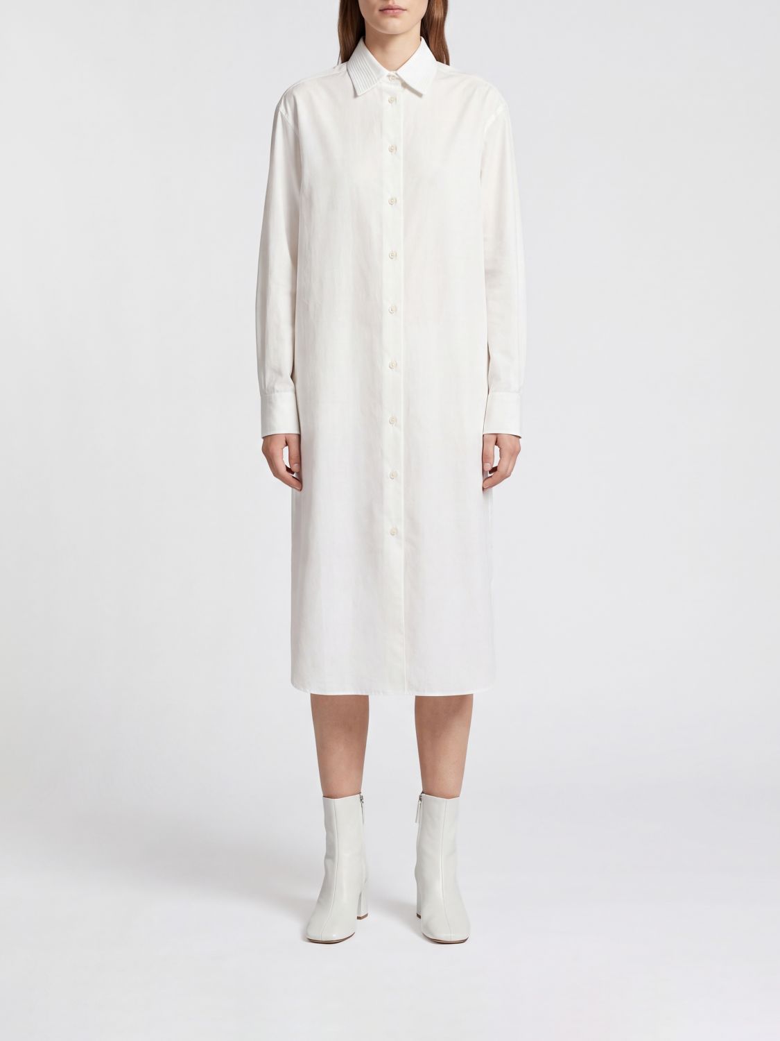JIL SANDER Midi Chemisier Dress in Cotton with French Collar and Long Sleeves